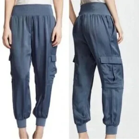 Womens Cinq a Sept Giles Blue Mixed Media Satin Pull-On Cargo Jogger Pants S - Picture 1 of 16